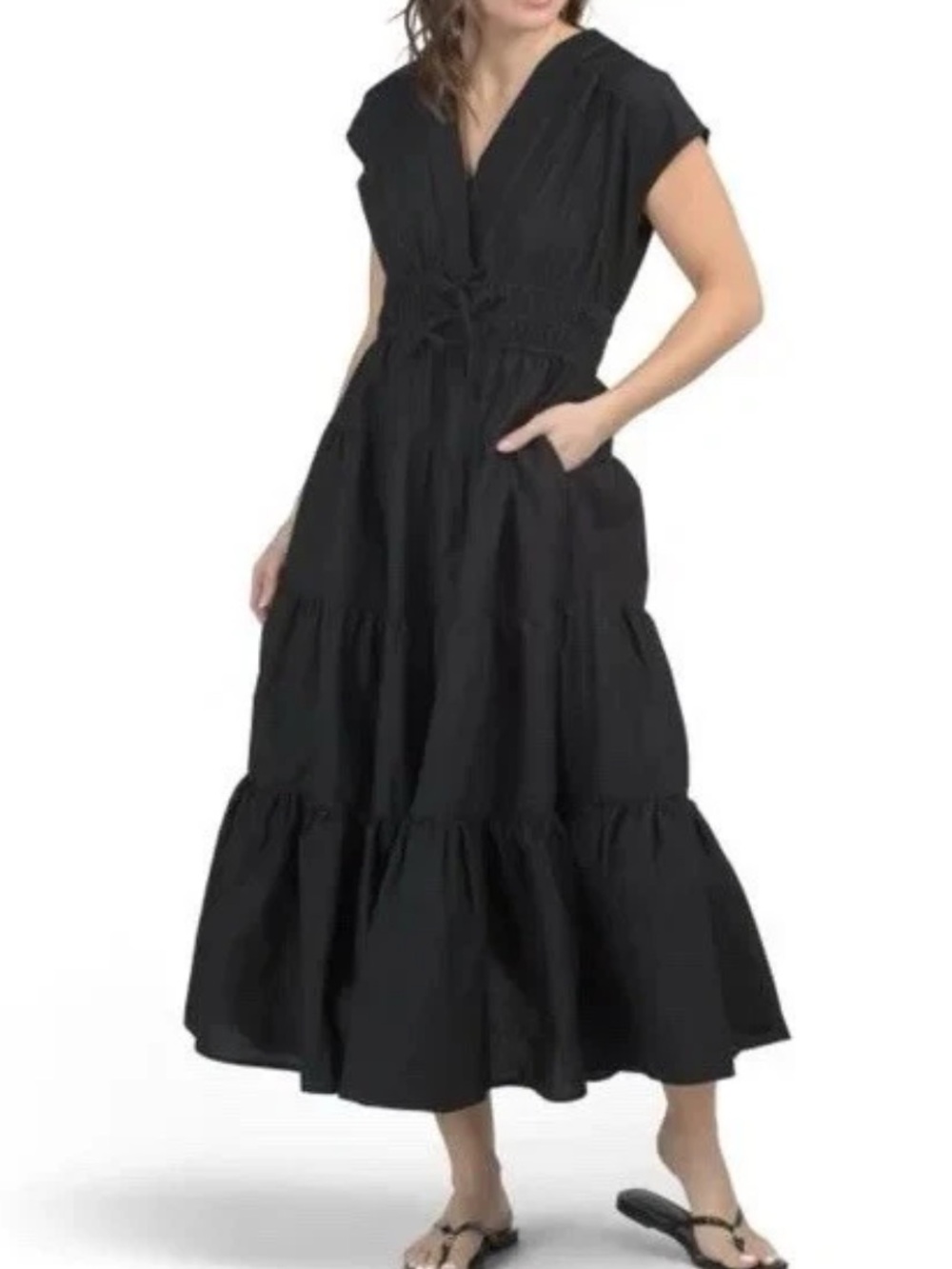 NWT Nicole Miller New York Black Smocked Waist Tiered Cotton Midi Dress Size L